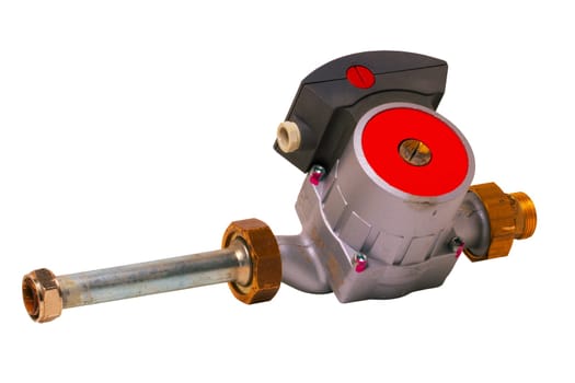 Electric circulation pump of a condensing gas heating system isolated on a white background. Used spare parts for condensing gas heaters. Gas boiler repair. Macro.