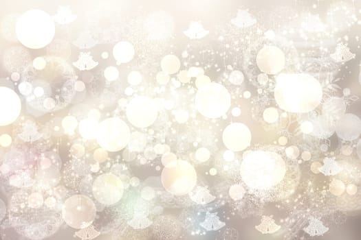 Merry Christmas and Happy New Year template card background texture design with abstract blurred festive beige and yellow bokeh lighted glittering snowflakes and stars.