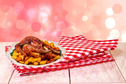 Grilled whole guinea fowl or baked pearl chicken on roasted potatoes and vegetables with port wine sauce on a table over abstract blurred natural background. Copy space.