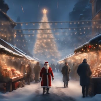 Christmas market, stalls on the side with visitors. Santa Claus among the people. Christmas tree with fairy lights and Christmas bauble. Snow-covered path. Festive atmosphere. AI generated image