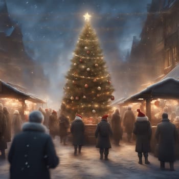 Christmas market, stalls on the side with visitors. Christmas tree with fairy lights and Christmas bauble. Snow-covered path. Festive atmosphere. AI generated image