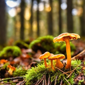Chanterelles in the moss on the forest floor. Mystical magician. Autumn light mood. AI generated image
