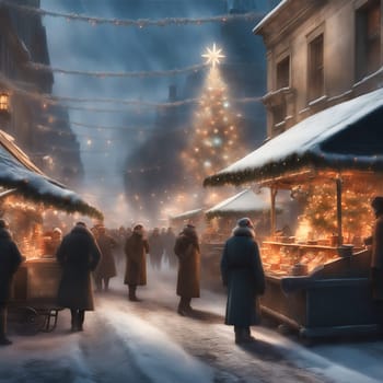 Christmas market, stalls on the side with visitors. Christmas tree with fairy lights and Christmas bauble. Snow-covered path. Festive atmosphere. AI generated image