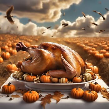 Roast turkey on a plate with a side dish for Thanksgiving. Traditional Thanksgiving feast. AI generated image