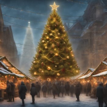 Christmas market, stalls on the side with visitors. Christmas tree with fairy lights and Christmas bauble. Snow-covered path. Festive atmosphere. AI generated image