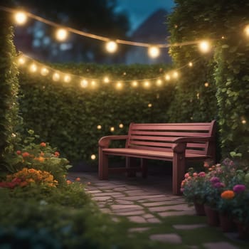 Bench in a garden with fairy lights in the evening. Hedges and bushes surround the bench. Romantic evening scene. AI generated image