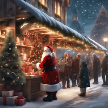Christmas market, stalls on the side with visitors. Santa Claus among the people. Christmas tree with fairy lights and Christmas bauble. Snow-covered path. Festive atmosphere. AI generated image