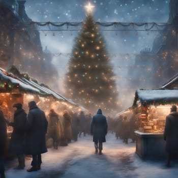 Christmas market, stalls on the side with visitors. Christmas tree with fairy lights and Christmas bauble. Snow-covered path. Festive atmosphere. AI generated image