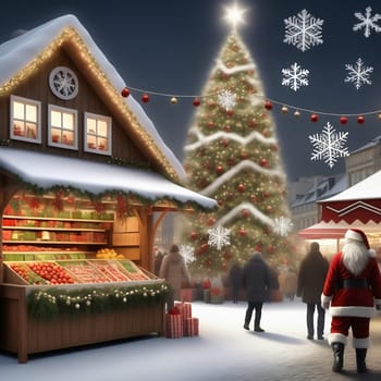 Christmas market, stalls on the side with visitors. Santa Claus among the people. Christmas tree with fairy lights and Christmas bauble. Snow-covered path. Festive atmosphere. AI generated image