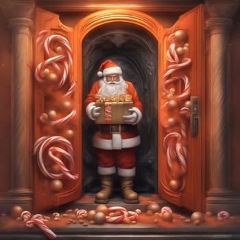 Santa Claus is standing in the front door. Red coat, cap, white beard and black belt. Christmas time. AI generated image