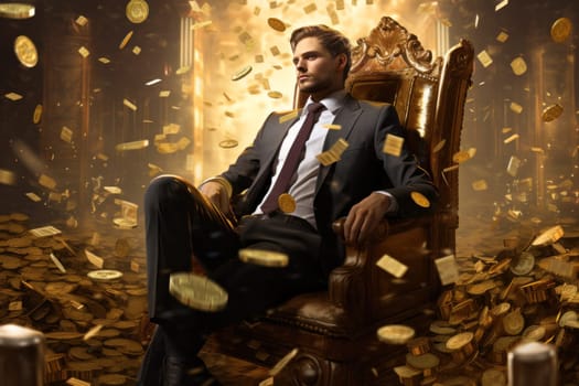 a man is in a chair in a room full of gold coins. luck and success concept.