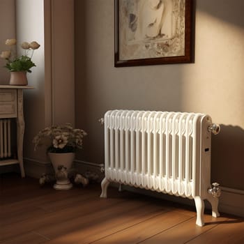 White metal heating radiator installed near the beige wall inside the room.Modern radiator in the central heating system.House heating