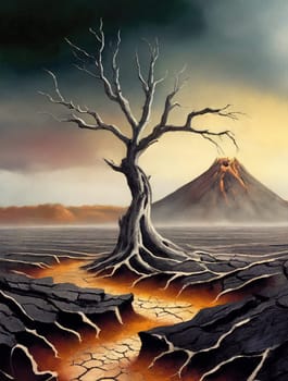 Spooky dead tree on the volcanic land of ash