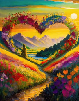 Fantasy trail to love land through a heart shape wreath made of colorful flowers blooming on a spring meadow, in the morning sunrise with a view to the mounts. Conceptual landscape for Valentines day