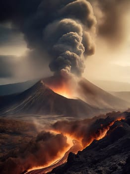 Volcanic eruption with dense smog and ash coming out of the crater and melting lava flowing down the mountain