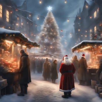 Christmas market, stalls on the side with visitors. Santa Claus among the people. Christmas tree with fairy lights and Christmas bauble. Snow-covered path. Festive atmosphere. AI generated image