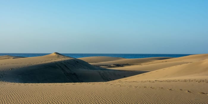 In the dunes of Maspalomas on Gran Canaria in Spain. View of the sea, with blue sky. The huge sand dunes resemble a small desert and are a nature reserve.