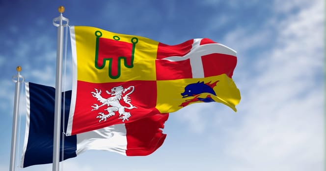 Auvergne-Rhone-Alps And National french flags waving on a clear day. Auvergne-Rhone-Alpes is one of the regions of France. 3d illustration render. Rippling fabric