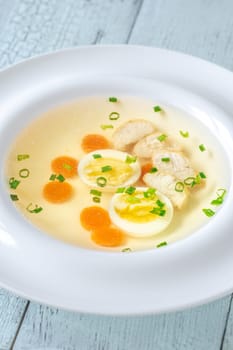 Portion of clear chicken broth in white plate