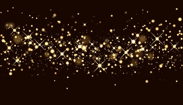 Shining gold sparkles. The glitter of golden dust in the rays of light. Abstract festive background in dark brown color.