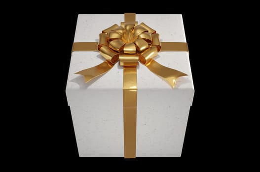 3D Illustration, Realistic White Gift Boxes with Gold Ribbon Gift Bow  on  black Background . Concept Christmas Decoration and happy new year