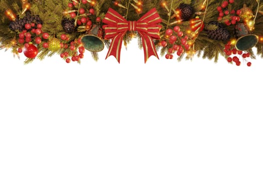 3D Illustration , Christmas border with fir branches and decoration ornaments elements on  white Background