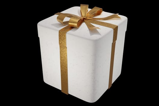 3D Illustration, Realistic White Gift Boxes with Gold Ribbon Gift Bow  on  black Background . Concept Christmas Decoration and happy new year