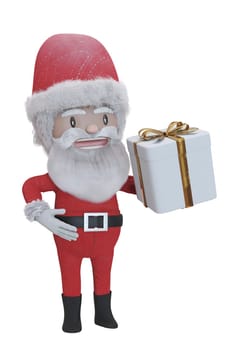 3D Illustration, Full body old Santa Claus in Christmas hat red suit clothes sitting on big gift present box on  white Background