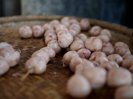 THAI ISAAN SAUSAGE. E-sarn sausages, Homemade sour sausages . Raw homemade pork meat sausages in skins with herbsand spices.