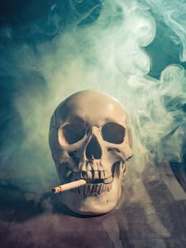 Smoking kills concept shows a skull with a burning cigarette in mouth as emits dense, toxic smoke. Addiction danger to poisonous tobacco