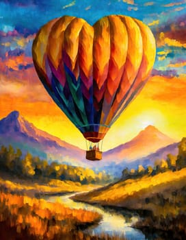 Hot air balloon in the shape of a heart symbol flying to sunset above the picturesque landscape with mountains and river flowing. Conceptual and romantic scene for Valentines day