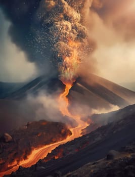 Volcanic eruption with dense smog and ash coming out of the crater and molten magma as river of active lava flowing down the mountain