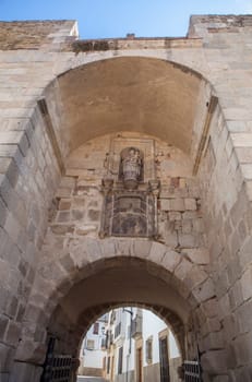 Virgen de la Guia Gate. View from outer city. Access to Coria wall enclosure. Caceres, Extremadura, Spain