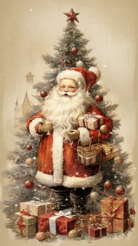 vintage card xmas christmas tree and santa, ai
