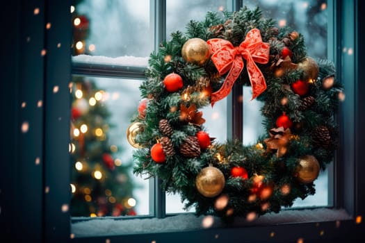 Christmas wreath with red bow, modern decor on house front or building facade. Christmas festive decor, holiday winter fair. Merry Christmas. AI generated
