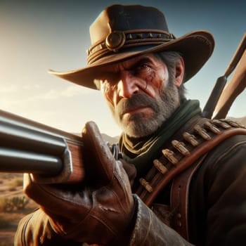 a hard rugged and grizzled texas ranger or cowboy aims his gun at an outlaw in the desert