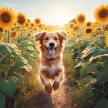 happy dog running and bounding through a field of sunflowers on a beautiful day generative ai