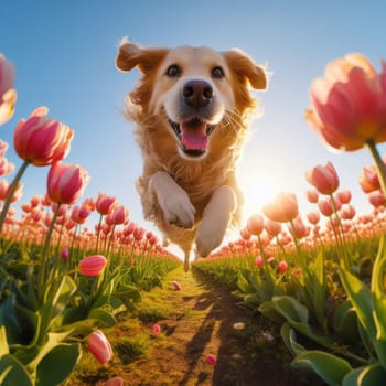 happy dog running and bounding through a field of tulips on a beautiful day generative ai