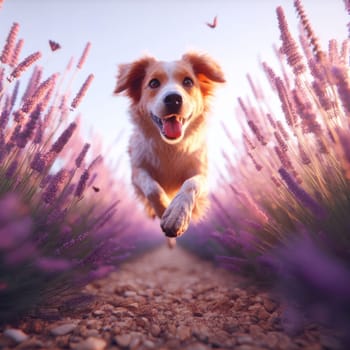 happy dog running and bounding through a lavender field on a beautiful day generative ai