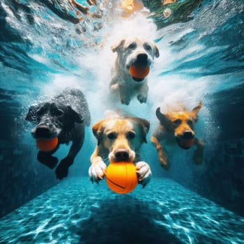 dogs swimming to get the ball underwater in the pool generative ai