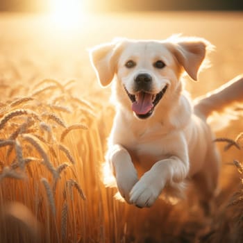 happy dog running and bounding through a wheat field on a beautiful day generative ai