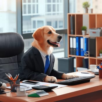 well dressed dog in a suit working hard at desk in the business office generative ai