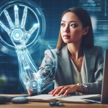 woman using an futuristic enhanced robotic cybernetics arm in the office generative ai