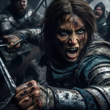 closeup of a strong female warrior enraged and in battle with a sword generative ai