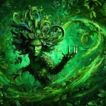 fantasy illustration on a furious nature goddess, elemental or sprite in a lush jungle forest generative ai