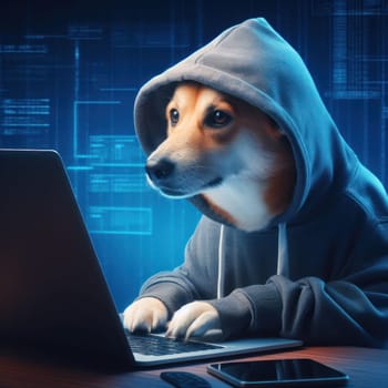 hacker dog in a hoodie will try to break through your computers cybersecurity generative ai