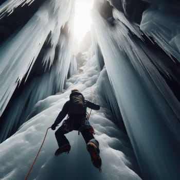 ice climber scaling an icy mountain to reach the peak and success generative ai