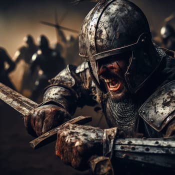 closeup of a knight in battered armor, yelling and fighting in a battle generative ai