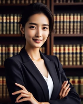 successful young female asian lawyer in office in front of law library books generative ai
