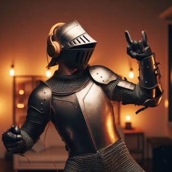 closeup of a knight in armor wearing headphones dancing at home generative ai